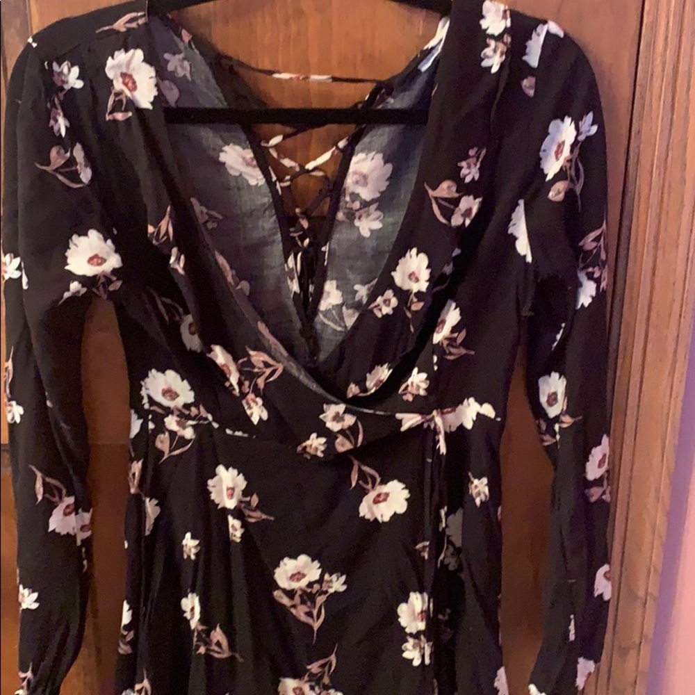 Black floral print long sleeve dress